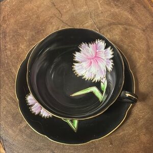 TRIMONT CHINA MADE IN OCCUPIED JAPAN Black Floral Teacup and Saucer Set